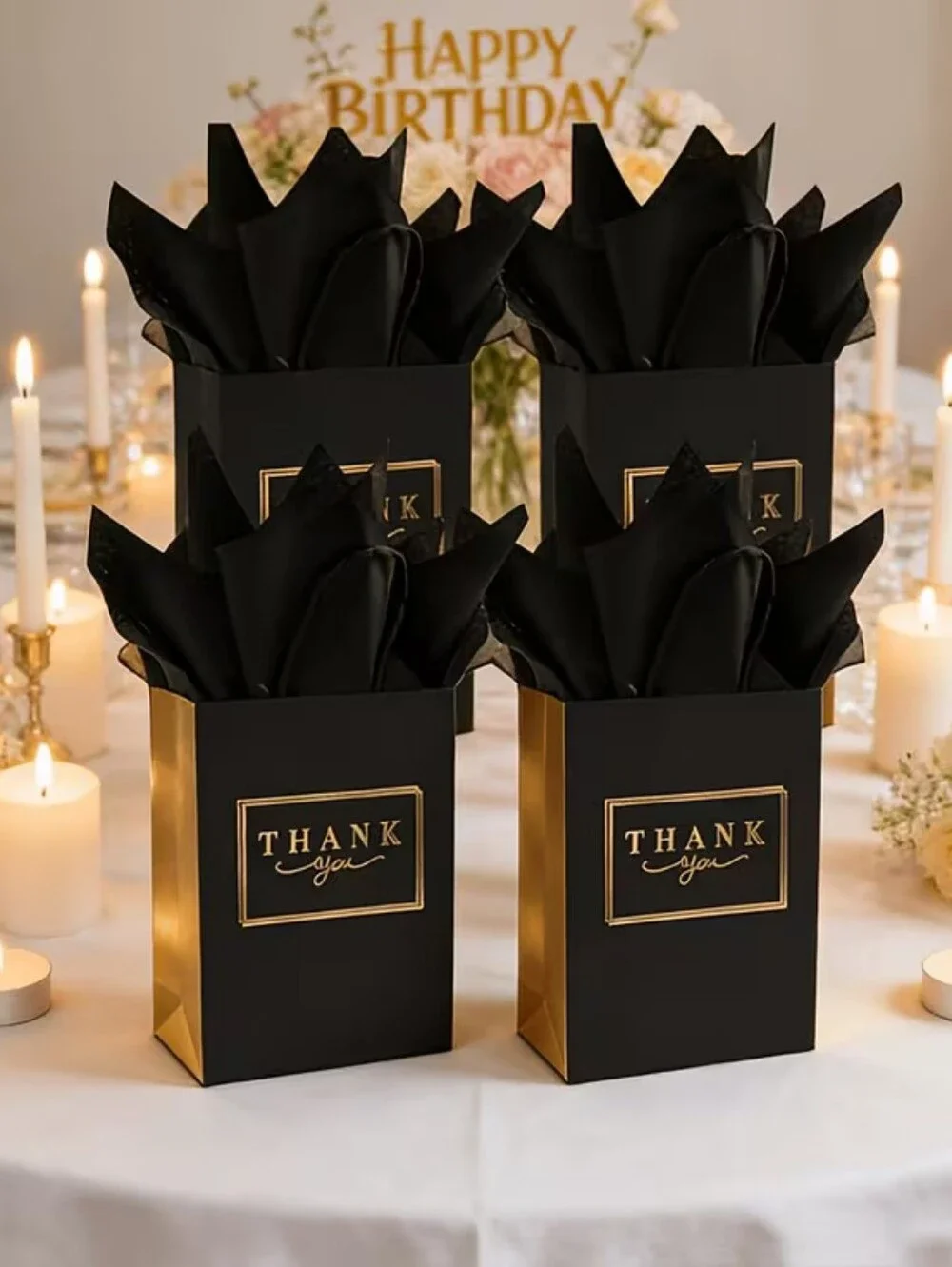 Set of Black And Gold Thank You Gift Bag Set With tissue Paper (50)